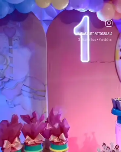 1 aninho; arco azul e lilas, neon 1, lembrancinhas rosa. Festa realizada no Espaço Comemora em 2024