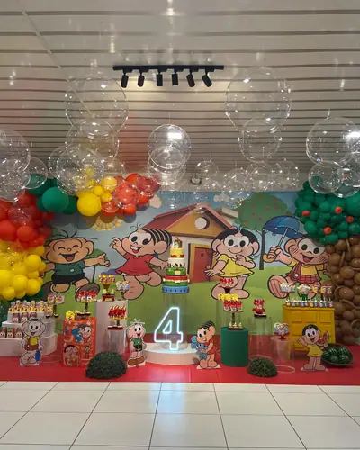 painel Turma da Monica, neon 4; 5 fotos. Festa realizada no Espaço Comemora em 2025